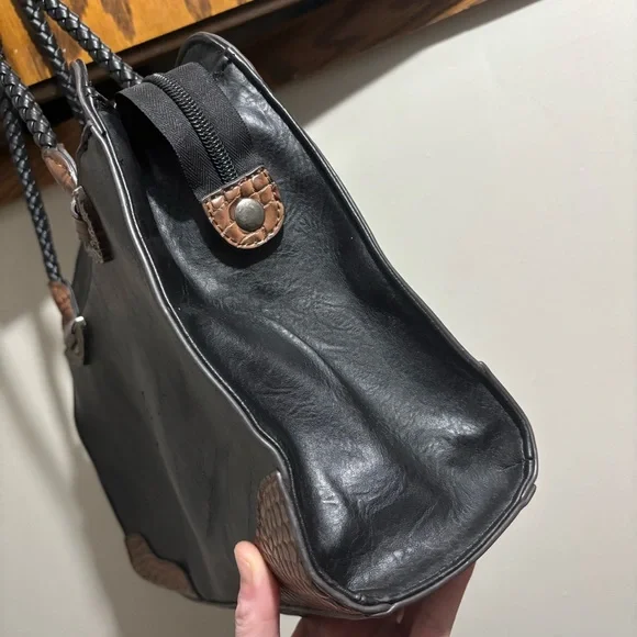 Mixed Media Black Brown Faux Leather Tote Shoulder Purse Document Bag Embossed - Picture 4 of 14